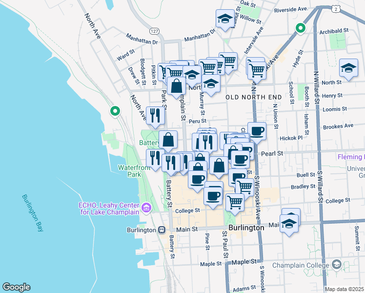 map of restaurants, bars, coffee shops, grocery stores, and more near 21 North Champlain Street in Burlington