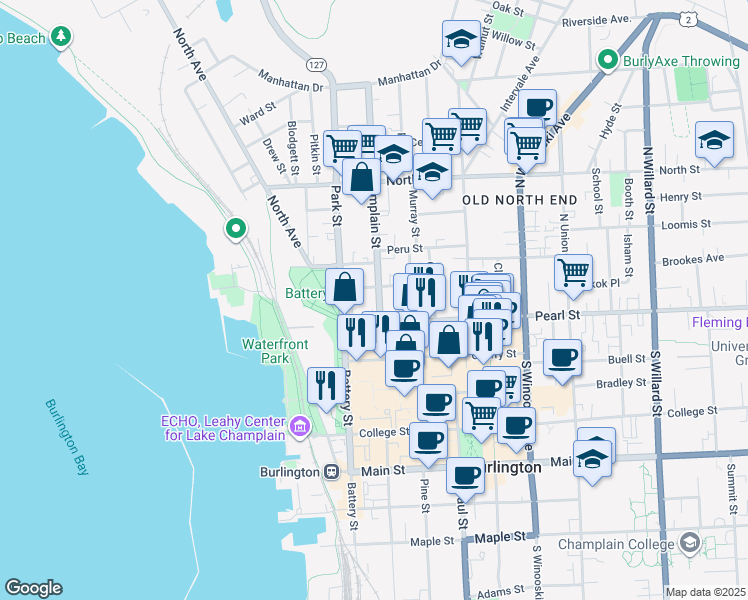 map of restaurants, bars, coffee shops, grocery stores, and more near 21 North Champlain Street in Burlington