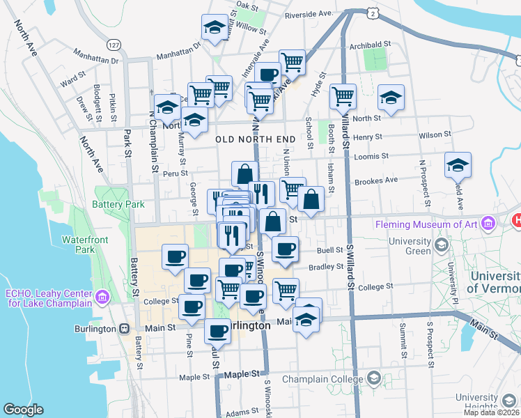 map of restaurants, bars, coffee shops, grocery stores, and more near 14 North Winooski Avenue in Burlington