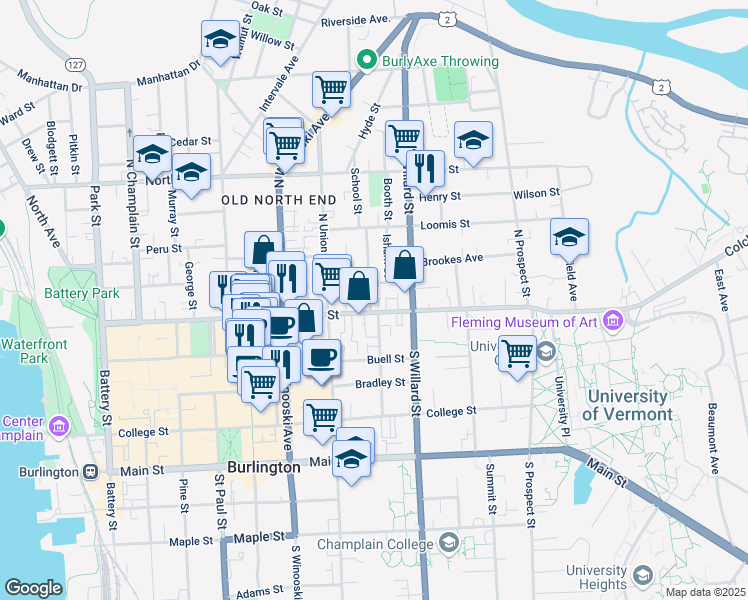 map of restaurants, bars, coffee shops, grocery stores, and more near 8 Greene Street in Burlington