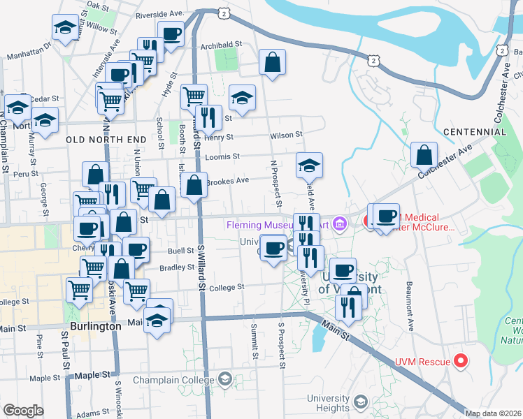 map of restaurants, bars, coffee shops, grocery stores, and more near 440 Pearl Street in Burlington