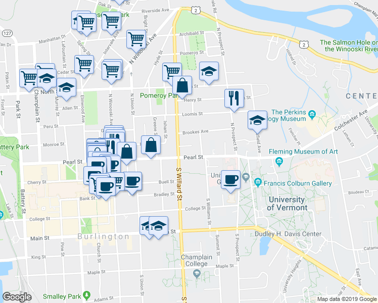 map of restaurants, bars, coffee shops, grocery stores, and more near 352 Pearl Street in Burlington