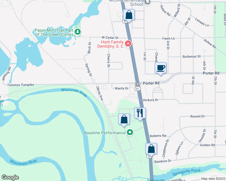 map of restaurants, bars, coffee shops, grocery stores, and more near 3211 Wanta Drive in Plover