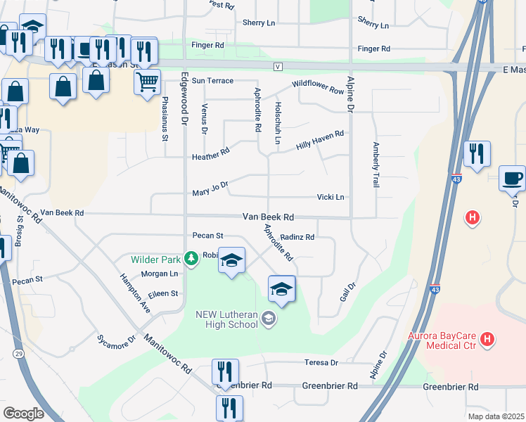 map of restaurants, bars, coffee shops, grocery stores, and more near 1060 Aphrodite Road in Green Bay
