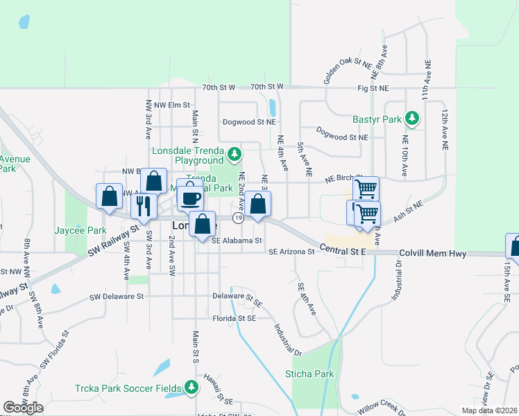 map of restaurants, bars, coffee shops, grocery stores, and more near 115 Northeast 3rd Avenue in Lonsdale