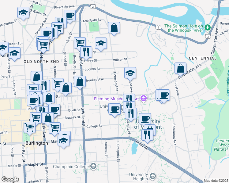 map of restaurants, bars, coffee shops, grocery stores, and more near 440 Pearl Street in Burlington