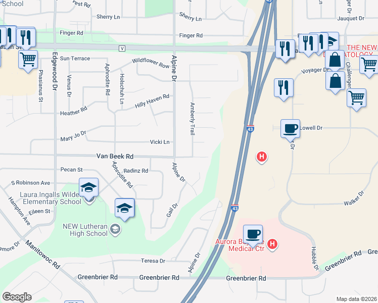 map of restaurants, bars, coffee shops, grocery stores, and more near 1054 Amberly Trail in Green Bay