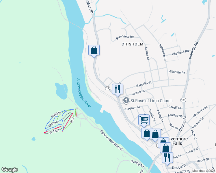 map of restaurants, bars, coffee shops, grocery stores, and more near 25 Main Street in Jay