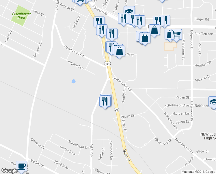 map of restaurants, bars, coffee shops, grocery stores, and more near 2266 Main St in Green Bay