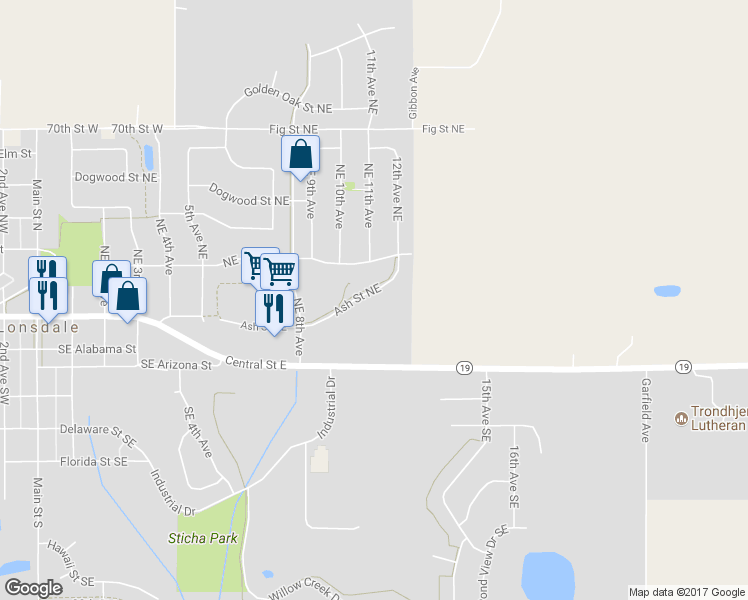 map of restaurants, bars, coffee shops, grocery stores, and more near 1121 Ash Street Northeast in Lonsdale