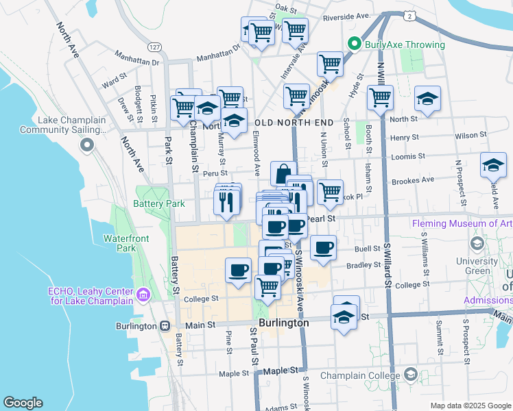 map of restaurants, bars, coffee shops, grocery stores, and more near in Burlington