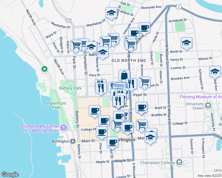 map of restaurants, bars, coffee shops, grocery stores, and more near in Burlington