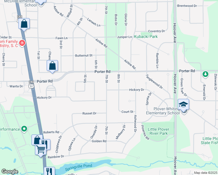 map of restaurants, bars, coffee shops, grocery stores, and more near 1050 7th Street in Plover