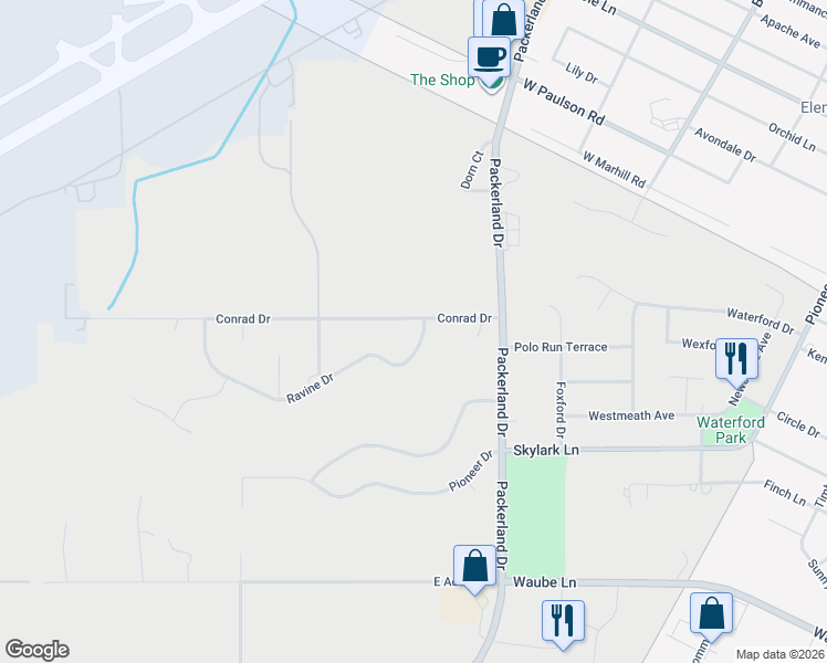 map of restaurants, bars, coffee shops, grocery stores, and more near 1635 Conrad Drive in Green Bay