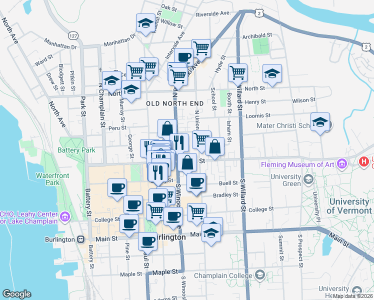 map of restaurants, bars, coffee shops, grocery stores, and more near 21 Lafayette Place in Burlington