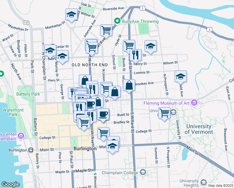 map of restaurants, bars, coffee shops, grocery stores, and more near 6 Greene Street in Burlington