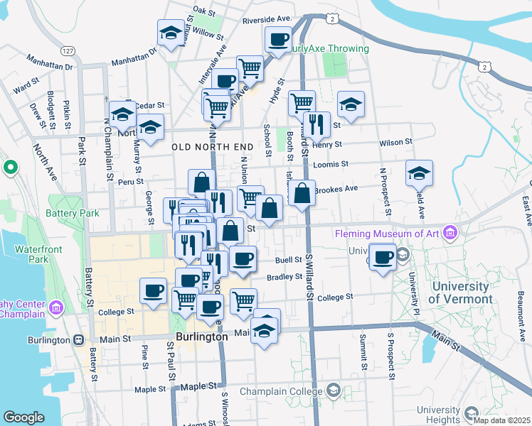 map of restaurants, bars, coffee shops, grocery stores, and more near 6 Greene Street in Burlington