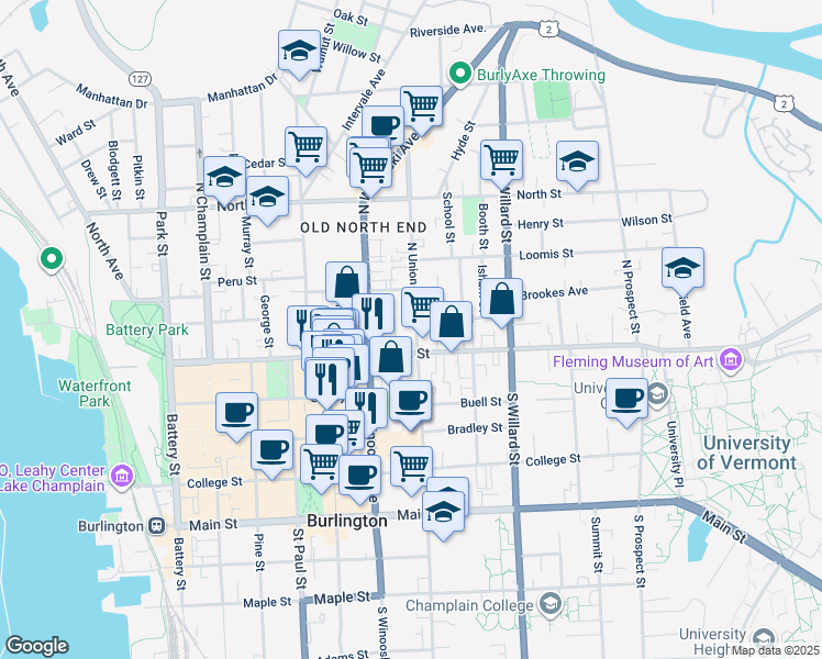 map of restaurants, bars, coffee shops, grocery stores, and more near 18 North Union Street in Burlington