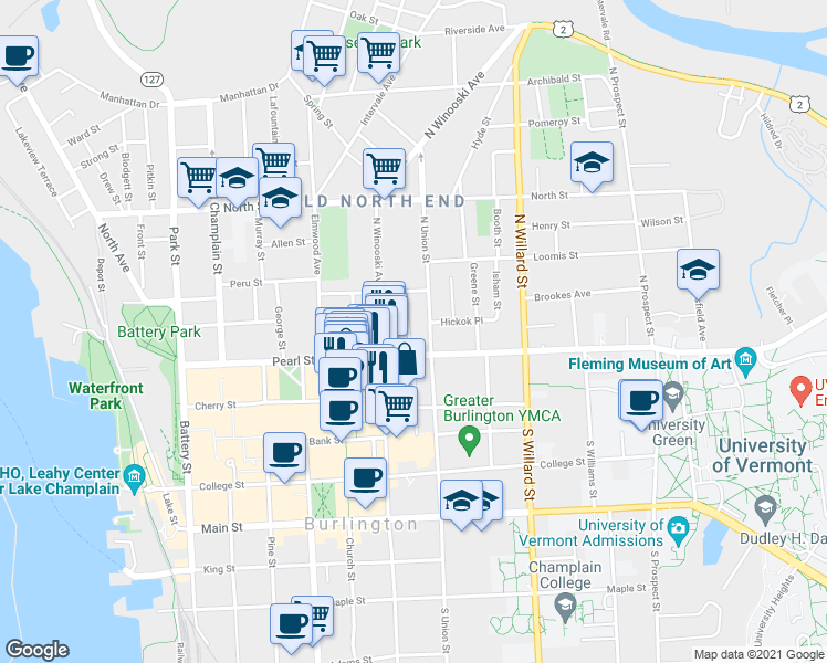 map of restaurants, bars, coffee shops, grocery stores, and more near 21 Lafayette Place in Burlington