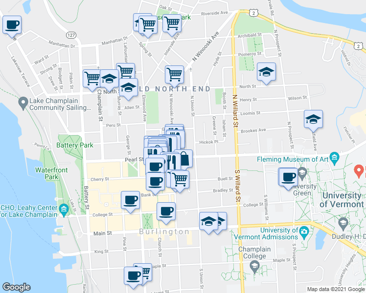 map of restaurants, bars, coffee shops, grocery stores, and more near 21 Lafayette Place in Burlington