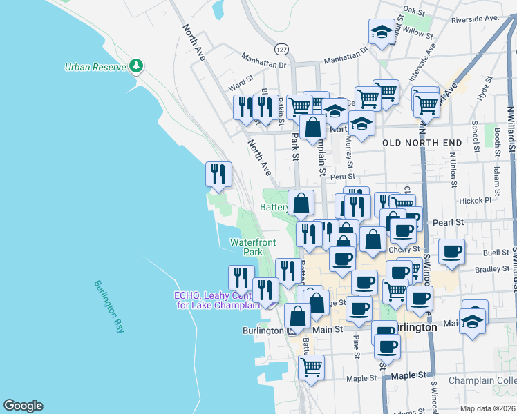 map of restaurants, bars, coffee shops, grocery stores, and more near 216 Lake Street in Burlington