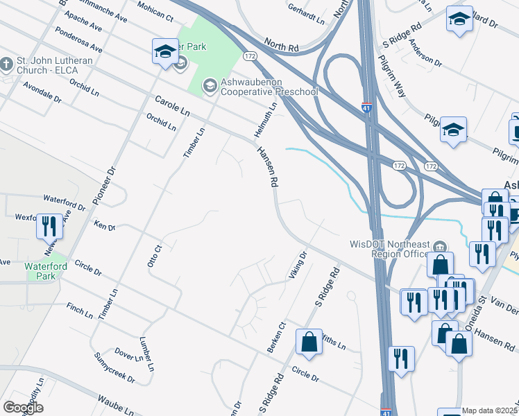 map of restaurants, bars, coffee shops, grocery stores, and more near 1181 Hansen Road in Green Bay