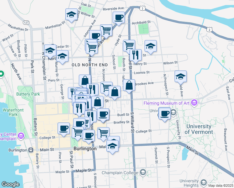 map of restaurants, bars, coffee shops, grocery stores, and more near 6 Greene Street in Burlington