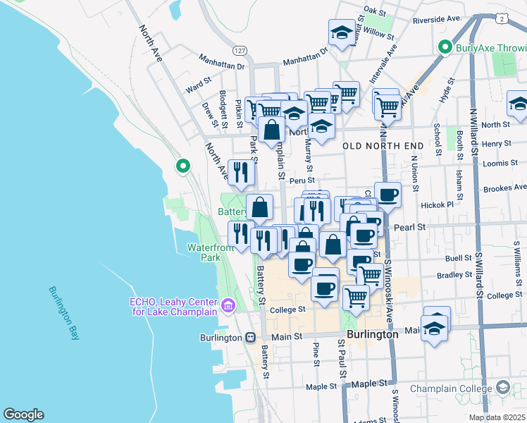 map of restaurants, bars, coffee shops, grocery stores, and more near 7 Monroe Street in Burlington