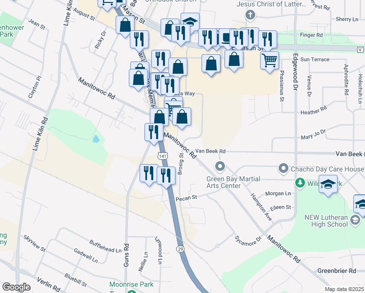 map of restaurants, bars, coffee shops, grocery stores, and more near 1163 Brosig Street in Green Bay