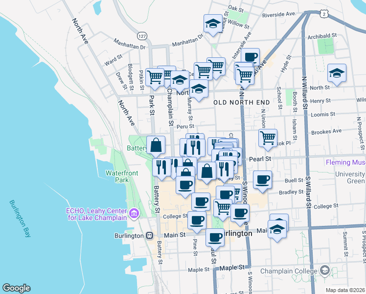 map of restaurants, bars, coffee shops, grocery stores, and more near 61 Monroe Street in Burlington