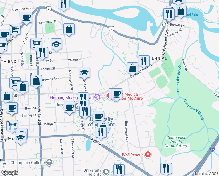 map of restaurants, bars, coffee shops, grocery stores, and more near 114 Colchester Avenue in Burlington