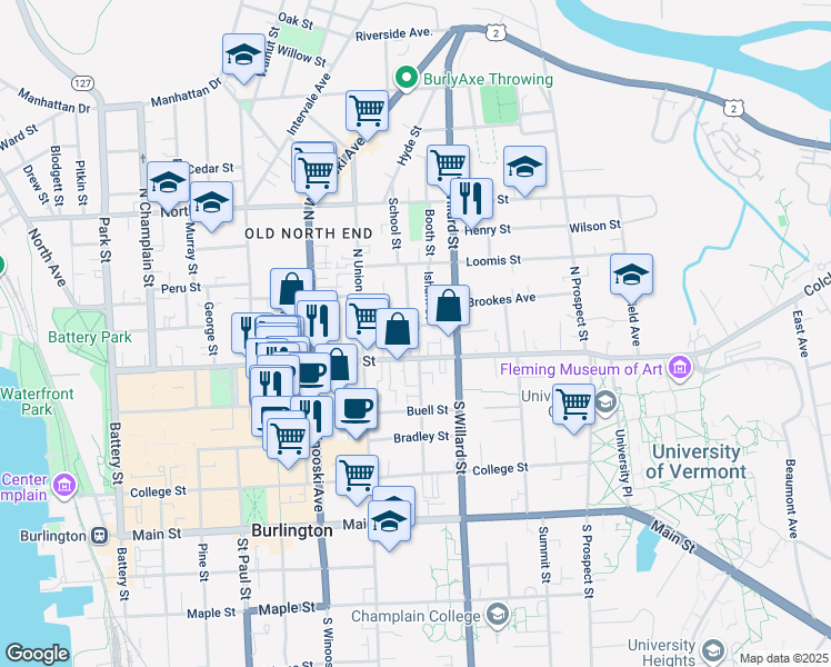 map of restaurants, bars, coffee shops, grocery stores, and more near 6 Greene Street in Burlington
