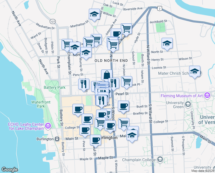 map of restaurants, bars, coffee shops, grocery stores, and more near 16 Clarke Street in Burlington