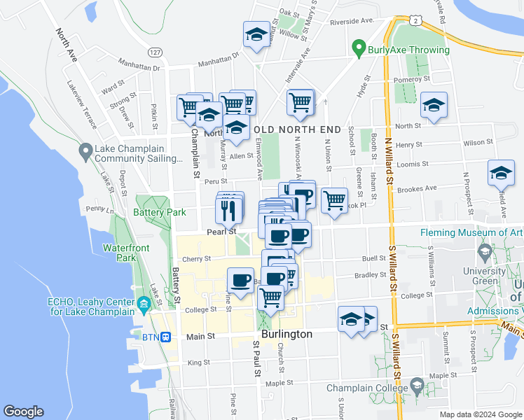 map of restaurants, bars, coffee shops, grocery stores, and more near in Burlington