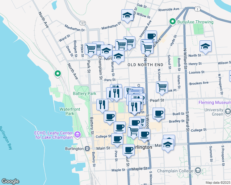map of restaurants, bars, coffee shops, grocery stores, and more near 16 George Street in Burlington