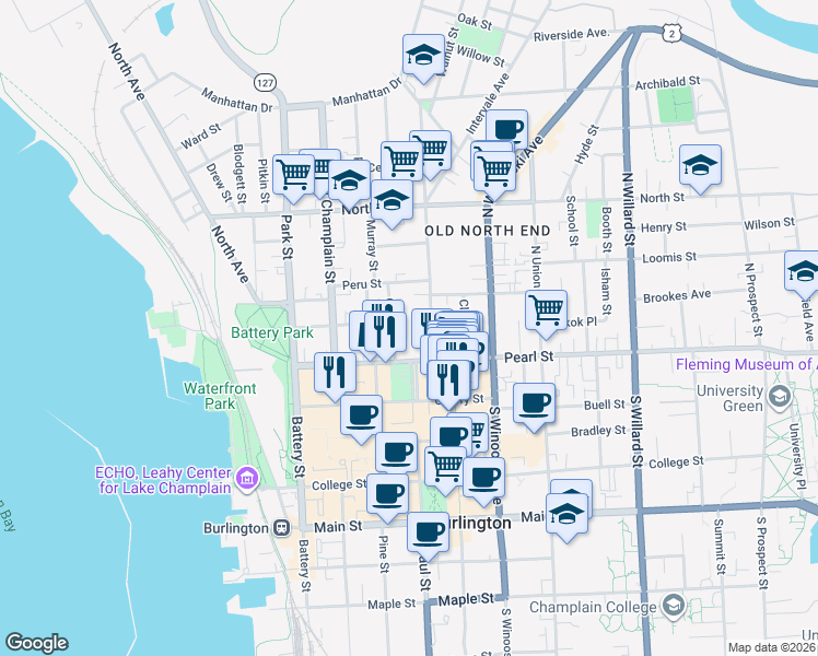 map of restaurants, bars, coffee shops, grocery stores, and more near 43 Elmwood Avenue in Burlington