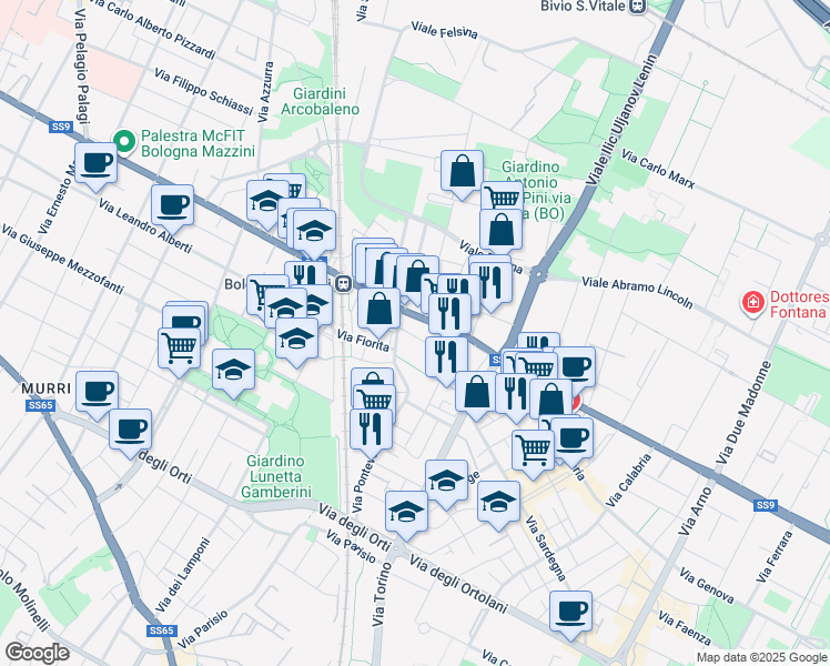 map of restaurants, bars, coffee shops, grocery stores, and more near 13 Via Giovanni Antonio Magini in Bologna