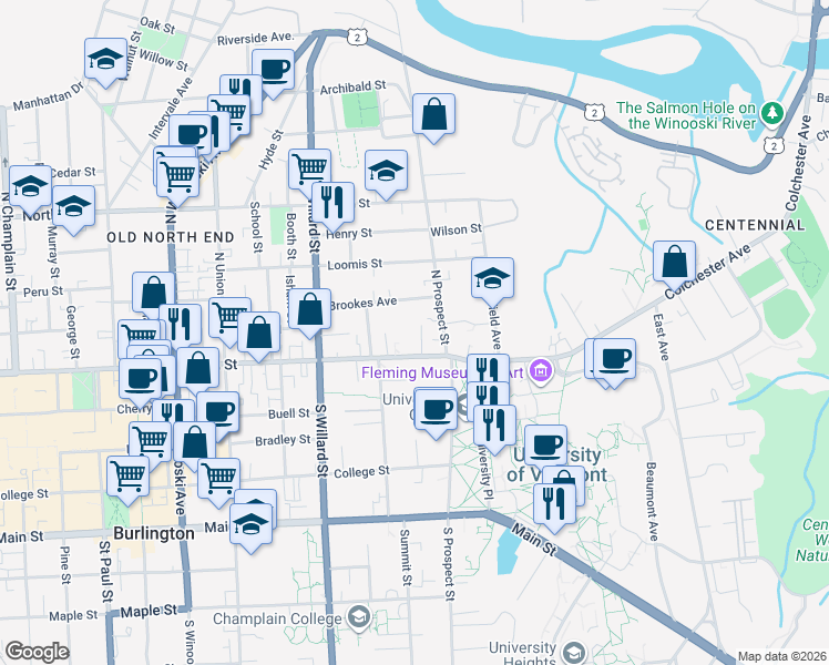 map of restaurants, bars, coffee shops, grocery stores, and more near 440 Pearl Street in Burlington