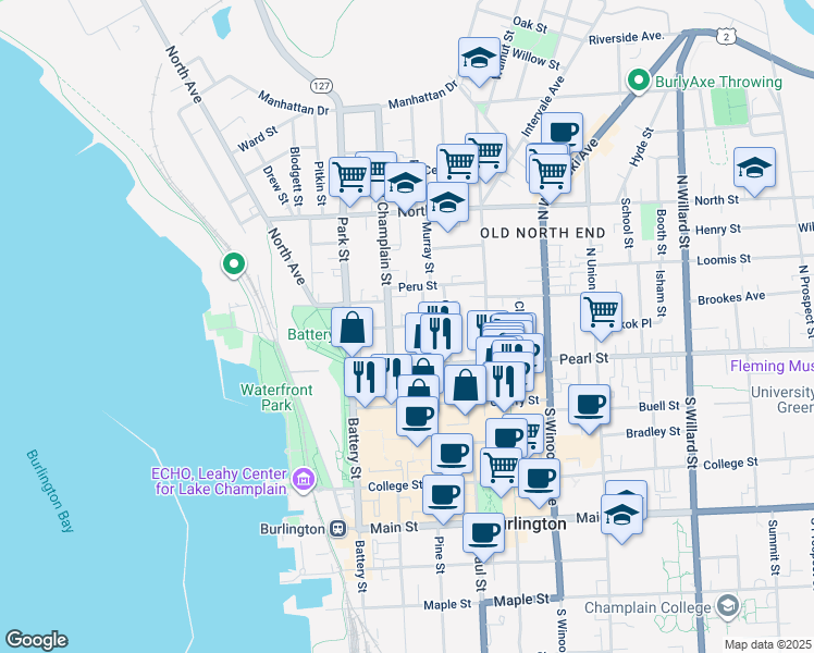 map of restaurants, bars, coffee shops, grocery stores, and more near 65 Monroe Street in Burlington