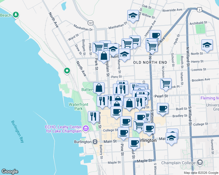 map of restaurants, bars, coffee shops, grocery stores, and more near 23 1/2 Monroe Street in Burlington