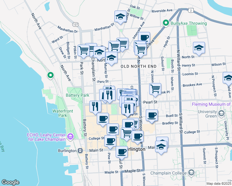 map of restaurants, bars, coffee shops, grocery stores, and more near 43 Elmwood Avenue in Burlington