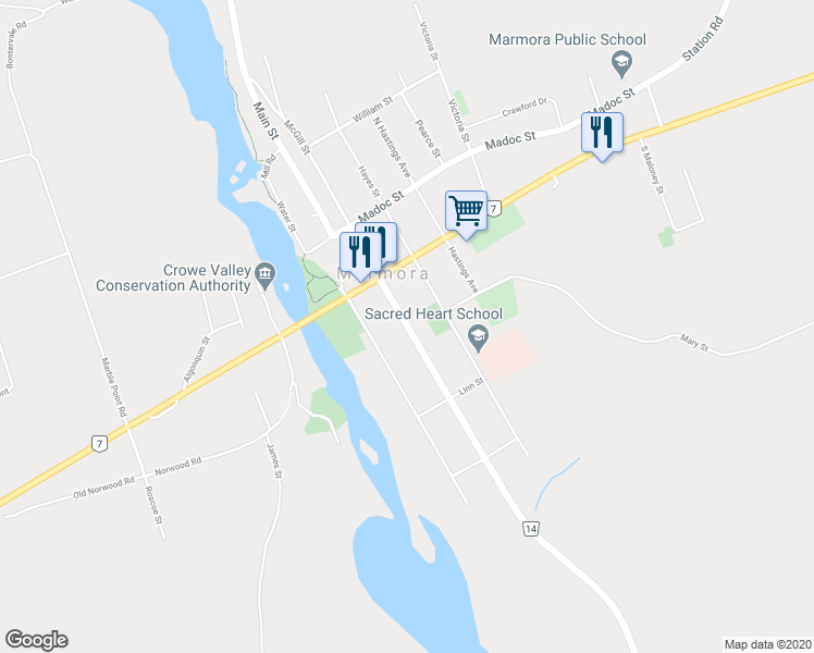map of restaurants, bars, coffee shops, grocery stores, and more near 53 Forsyth Street in Marmora