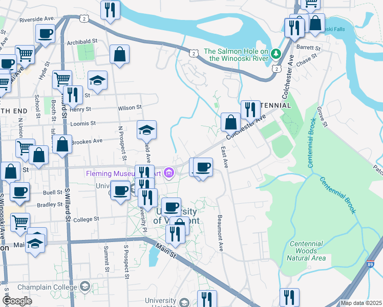 map of restaurants, bars, coffee shops, grocery stores, and more near 114 Colchester Avenue in Burlington