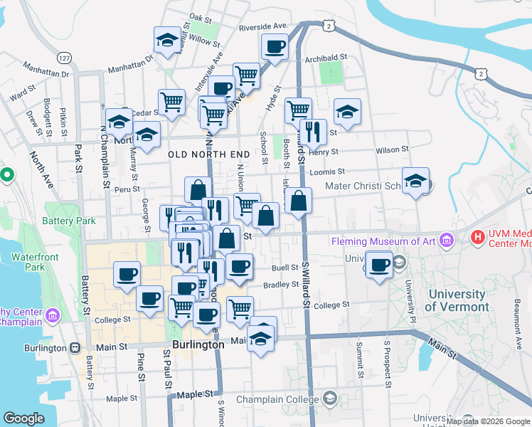 map of restaurants, bars, coffee shops, grocery stores, and more near 6 Greene Street in Burlington