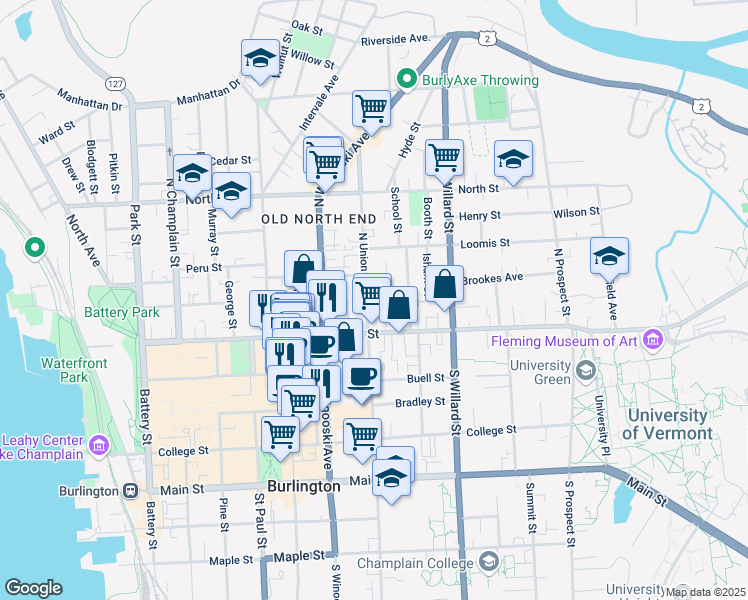 map of restaurants, bars, coffee shops, grocery stores, and more near 8 Hickok Place in Burlington