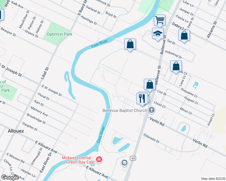 map of restaurants, bars, coffee shops, grocery stores, and more near 1608 Windsor Drive in Green Bay