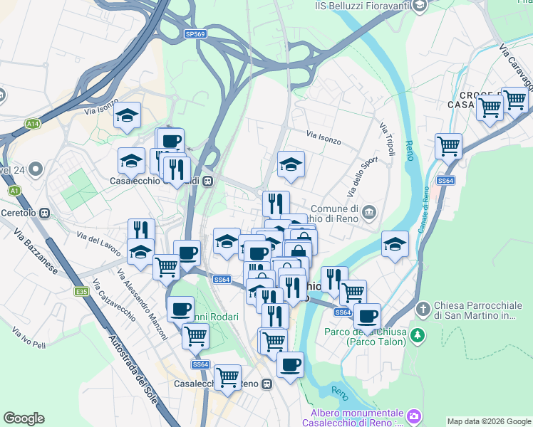 map of restaurants, bars, coffee shops, grocery stores, and more near 1 Via dei Carbonari in Casalecchio di Reno
