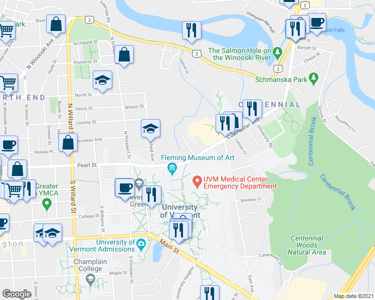 map of restaurants, bars, coffee shops, grocery stores, and more near 114 Colchester Avenue in Burlington