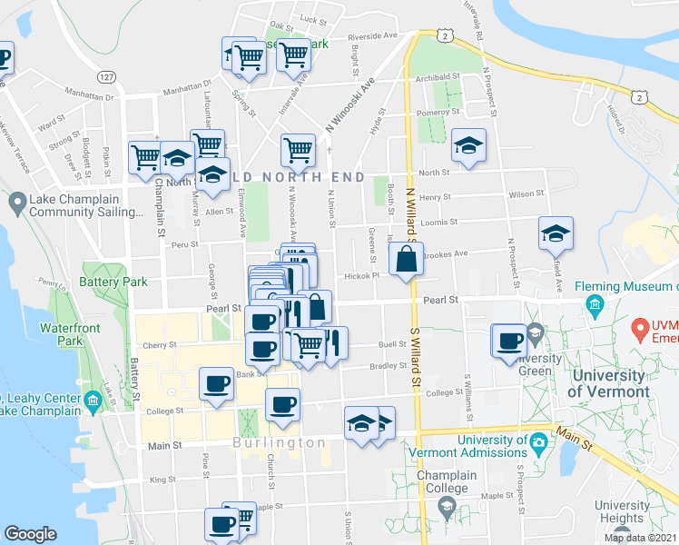 map of restaurants, bars, coffee shops, grocery stores, and more near 18 North Union Street in Burlington