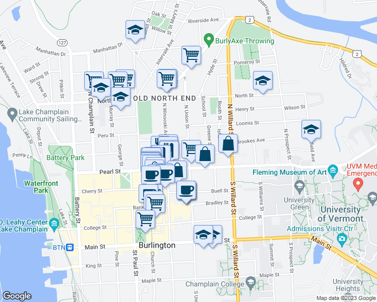 map of restaurants, bars, coffee shops, grocery stores, and more near 18 North Union Street in Burlington